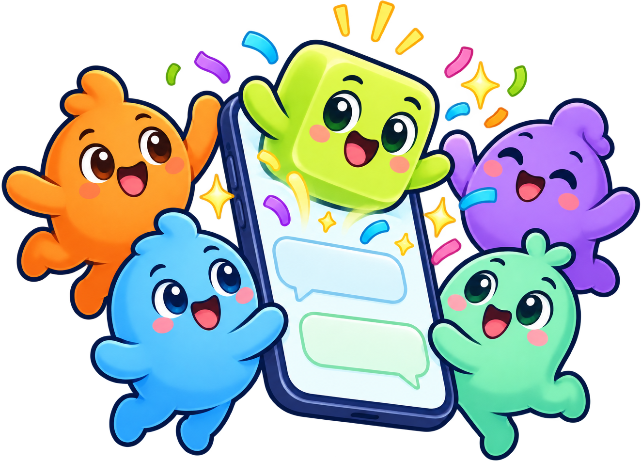 Reroll's mascots crowded around a phone, with the lime die popping out of the screen.